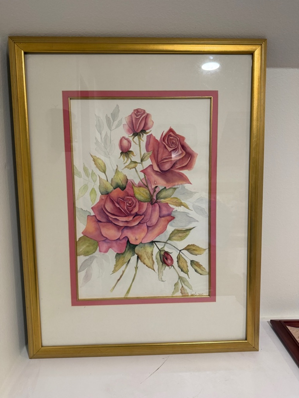 Vintage Signed Rose Watercolor Print in Pink and Gold